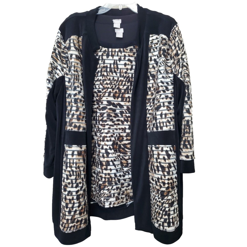Chico's Black, Brown & Cream Animal Prinr Open-Front Jacket With Cardigan